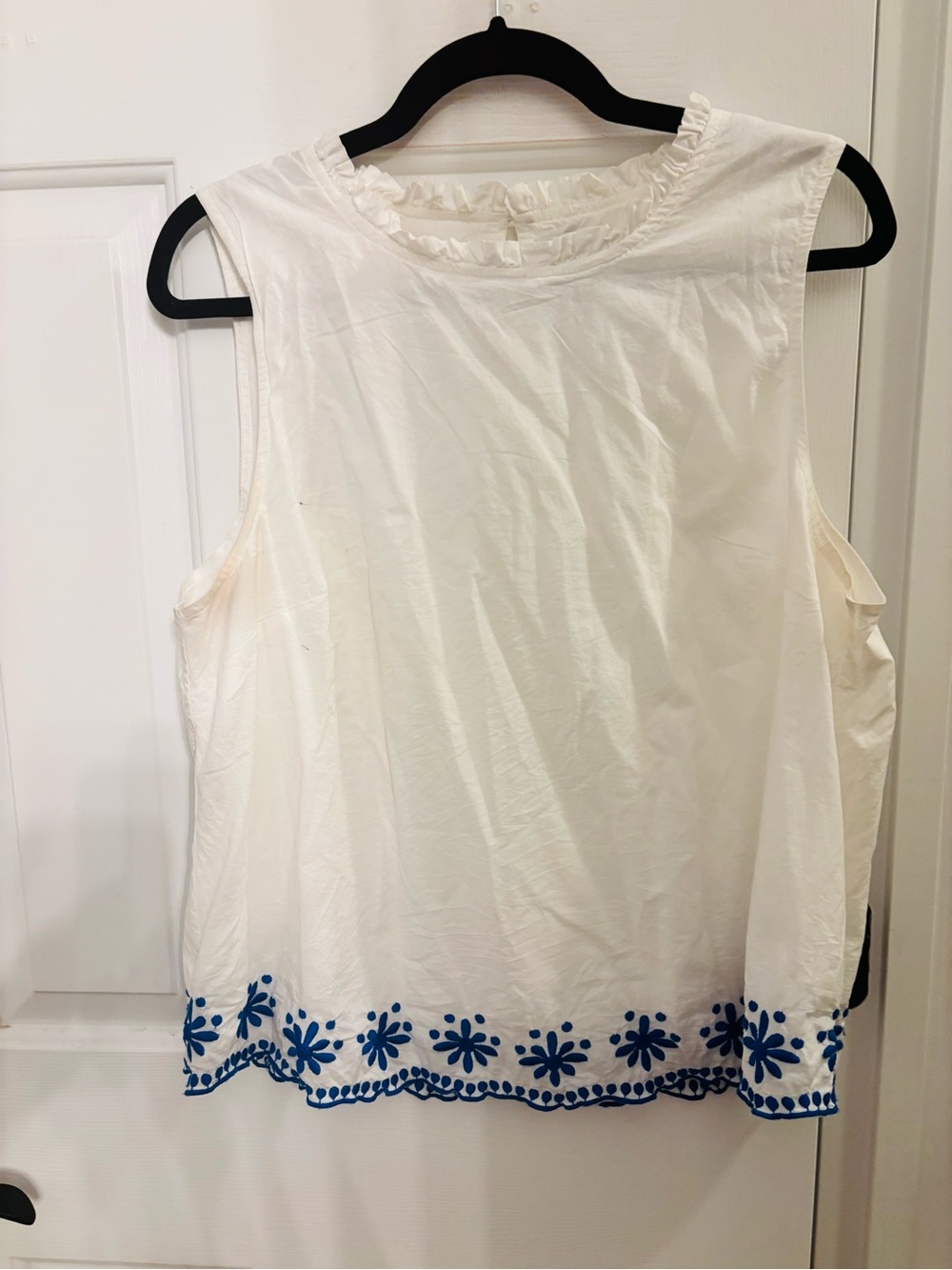 J. Crew White Sleeveless Cotton Top with Blue Embroidered Hem